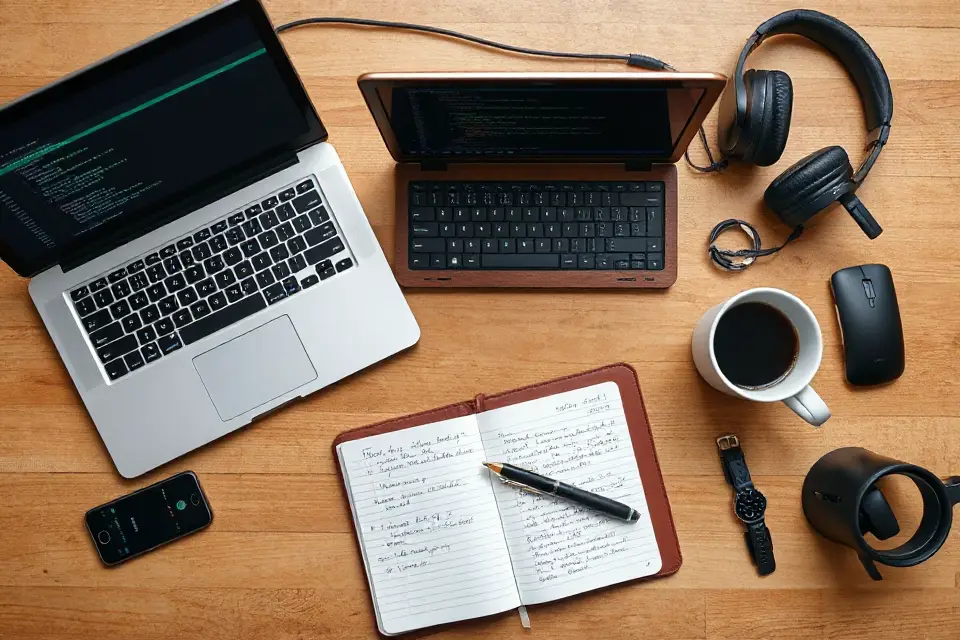 coding essentials flat lay