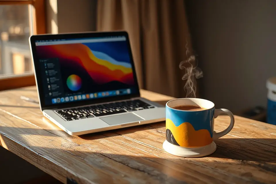 colorful coffee cup laptop
