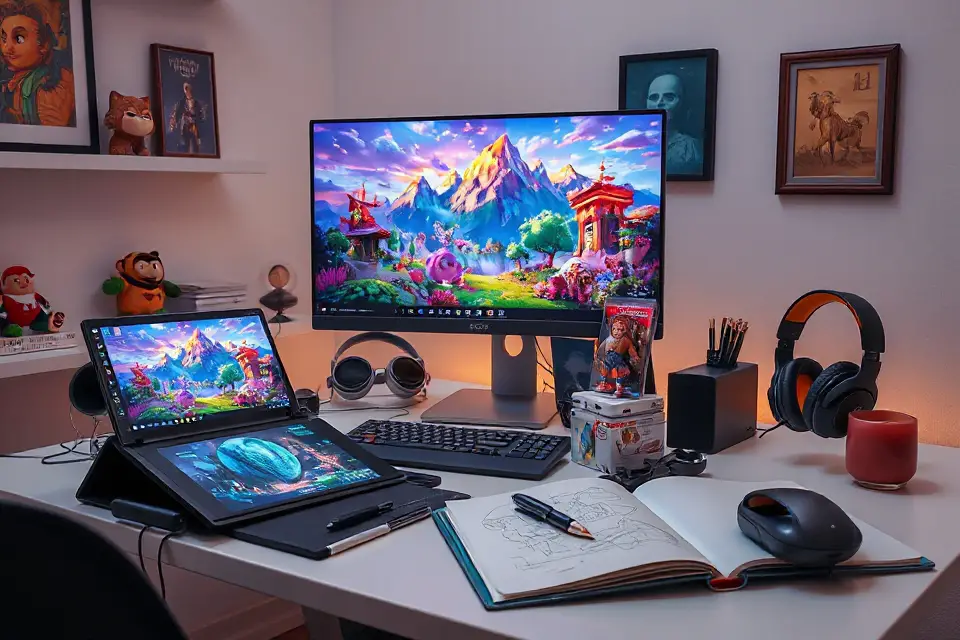 computer with game art