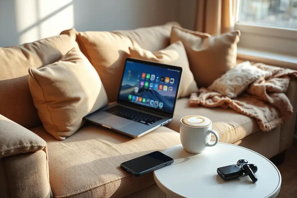 cozy couch with laptop