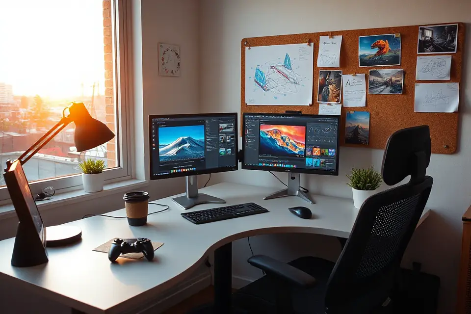 cozy game design workspace