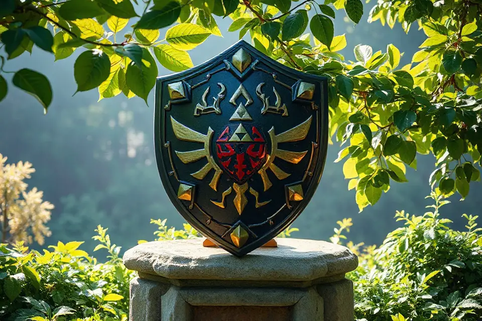 crafted shield on pedestal