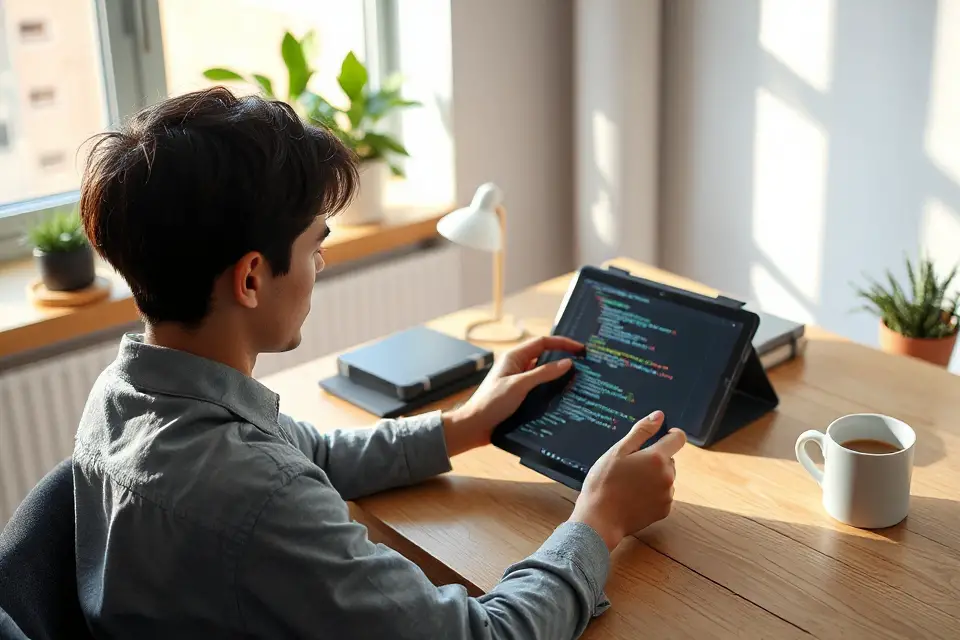 developer coding on tablet