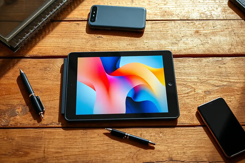 digital tablet wooden table