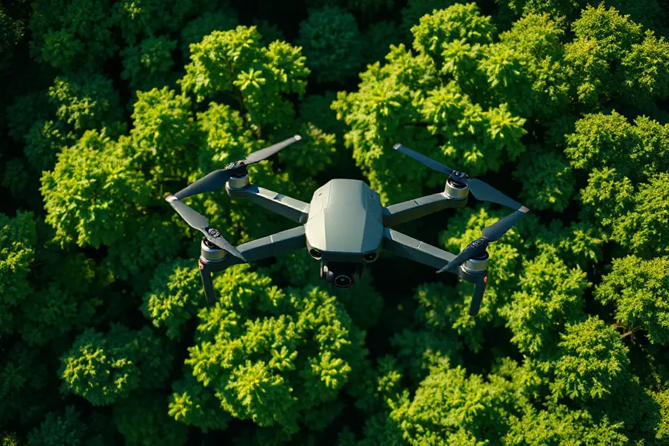 drone soaring through forest