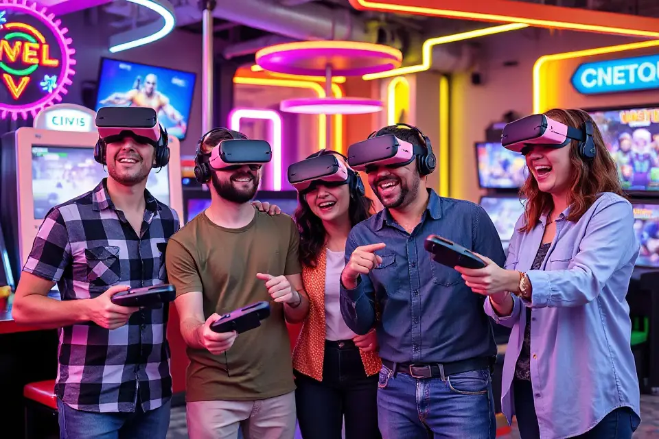 friends enjoying vr arcade