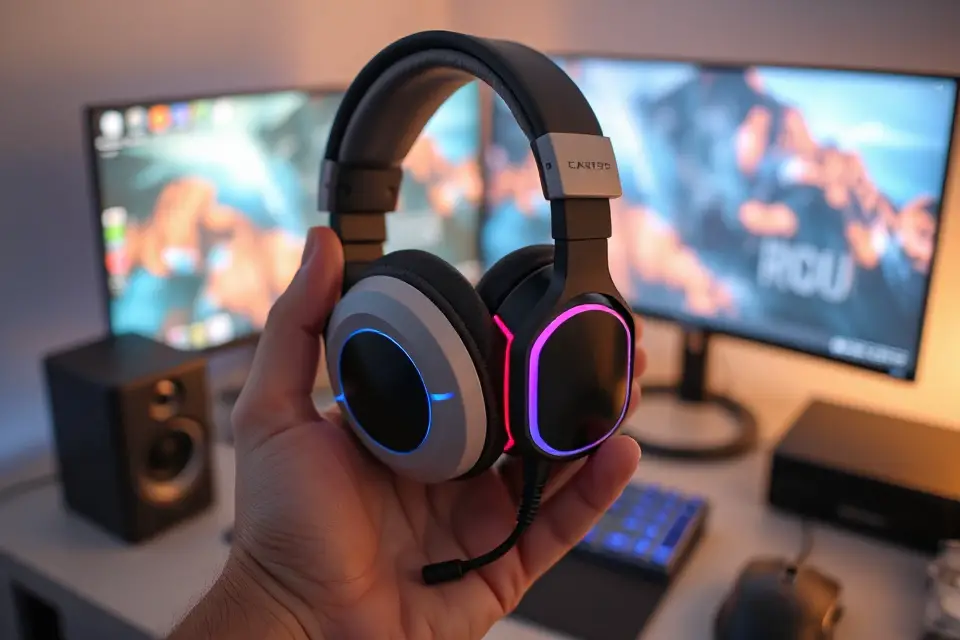 gamer s hand holding headset
