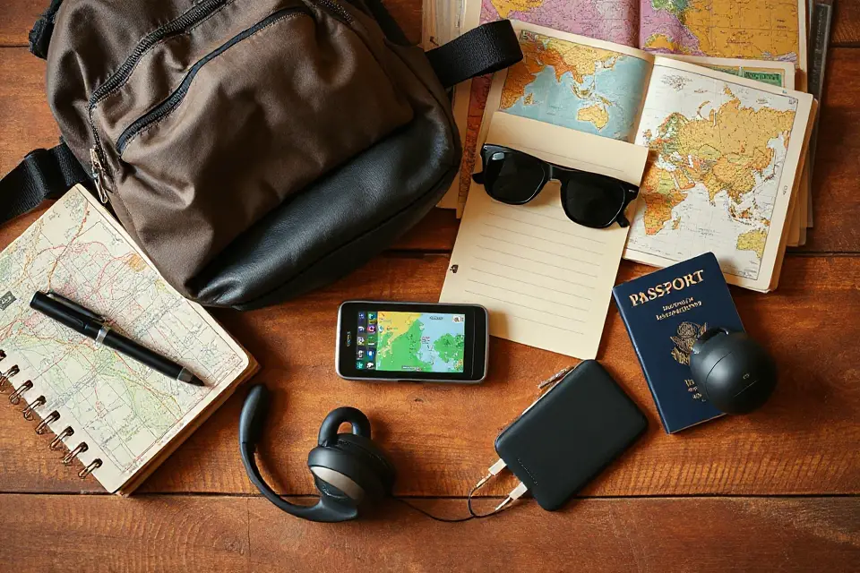 gps travel essentials flat lay