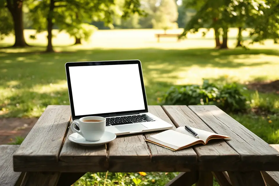 laptop on picnic table