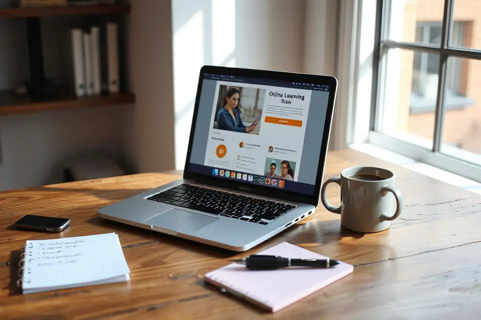 laptop on wooden desk