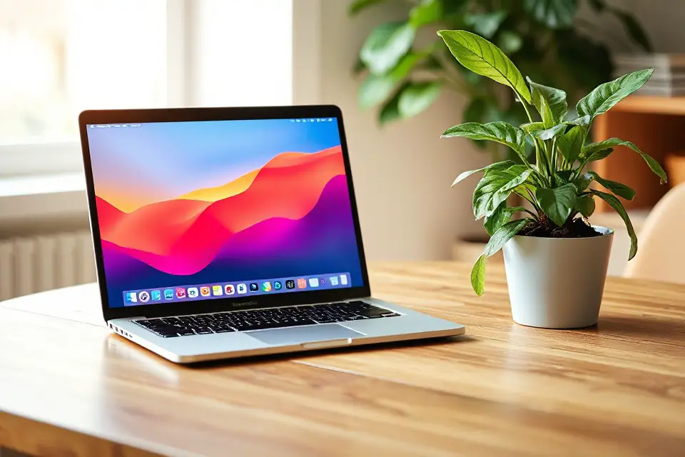 laptop with potted plant