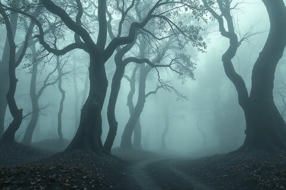 mysterious foggy forest path