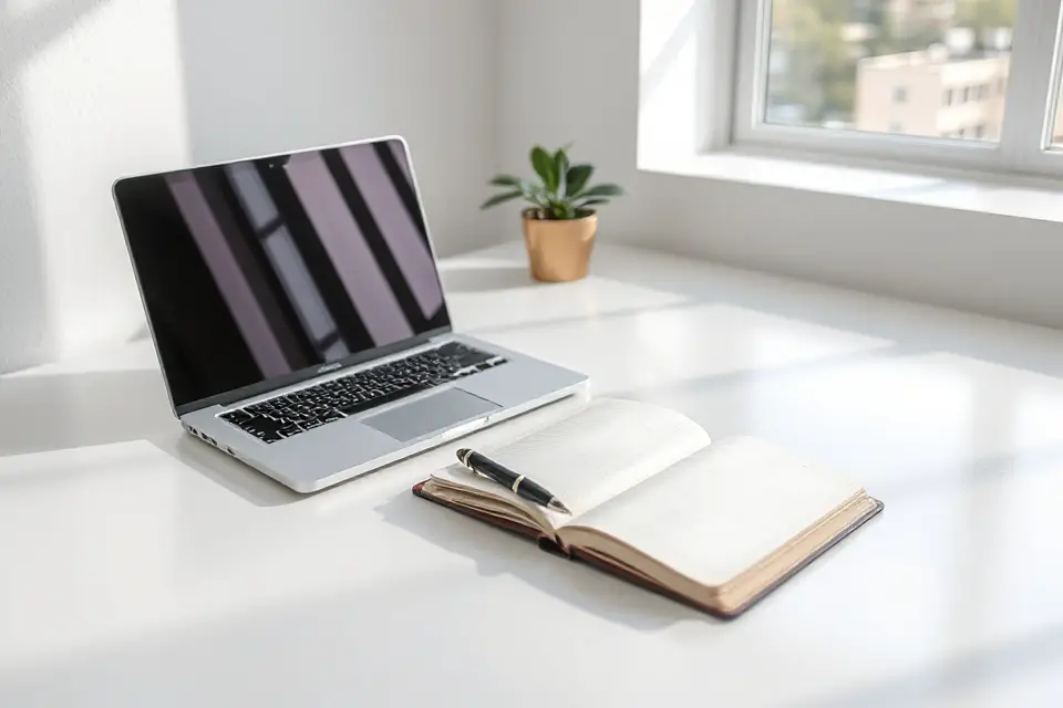notebook beside sleek computer