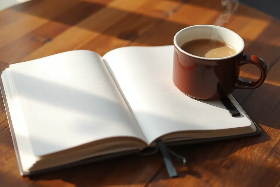 open notebook with coffee