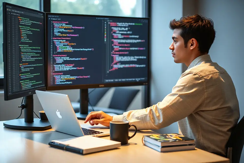 person coding connected monitor