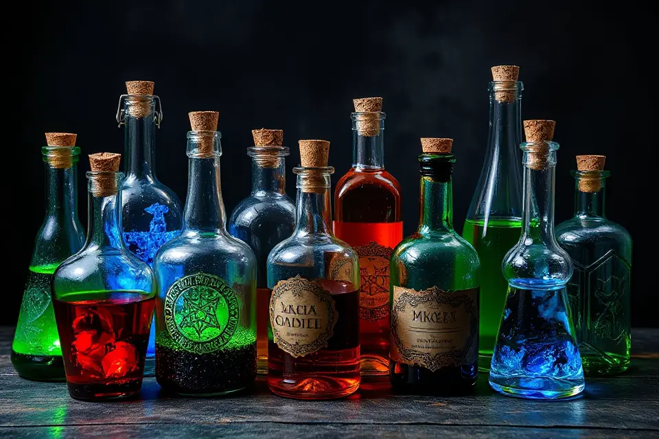 potion bottles dark backdrop