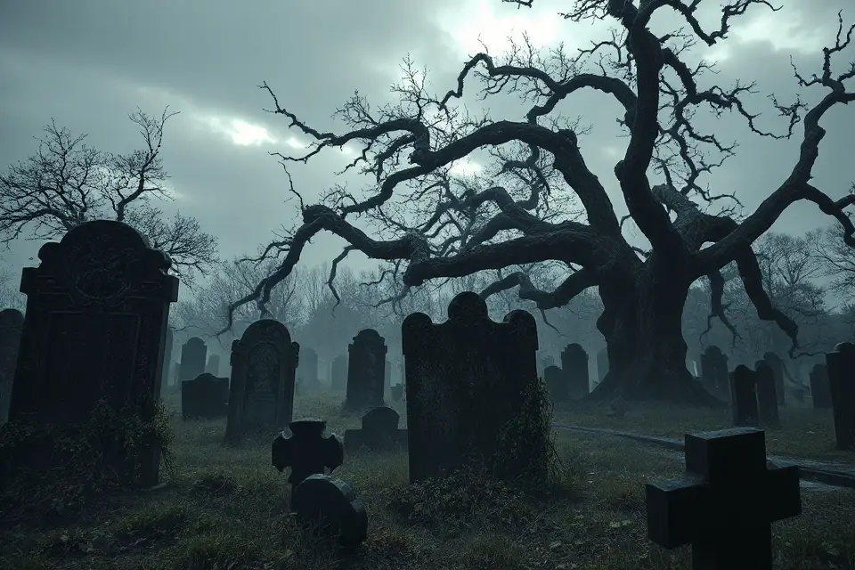 serene misty graveyard photo