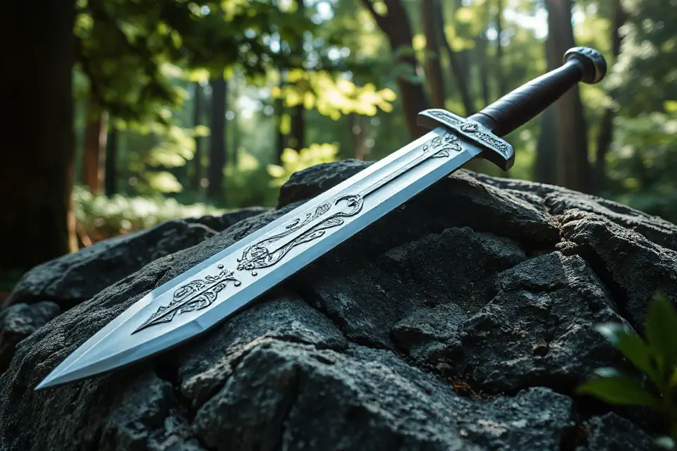 silver sword on stone