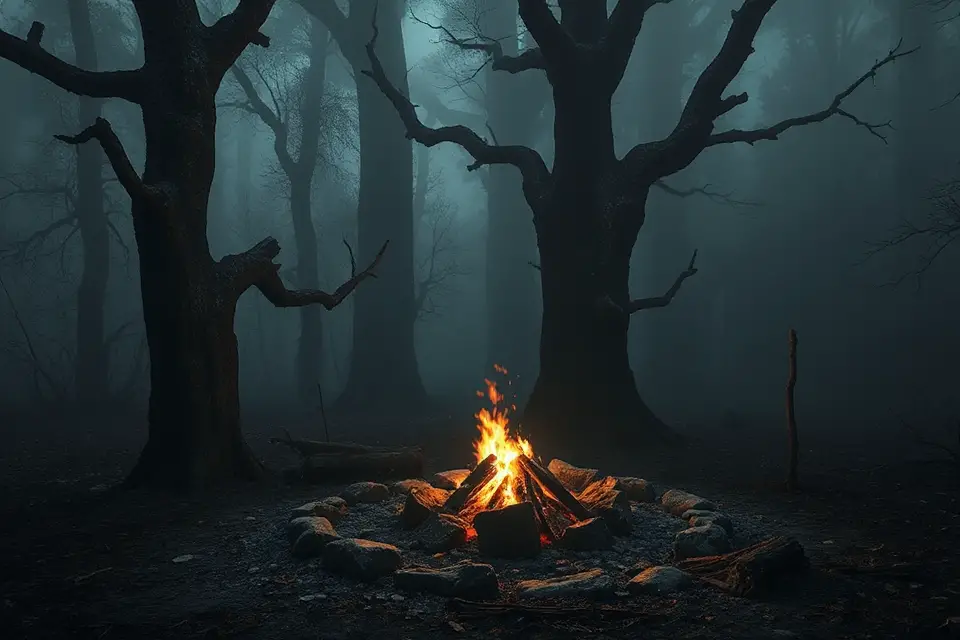 solitary campfire in darkness