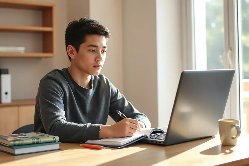 student taking notes online