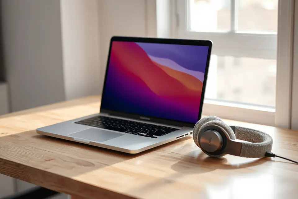 stylish laptop with headphones