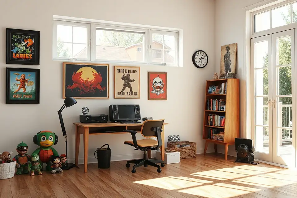 sunlit gaming memorabilia room