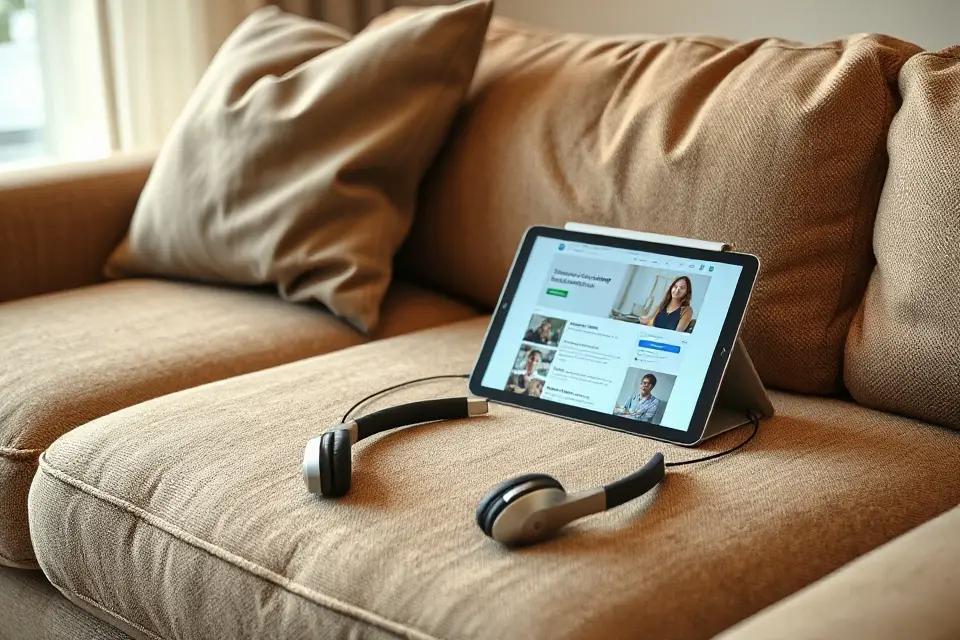 tablet and headphones on sofa