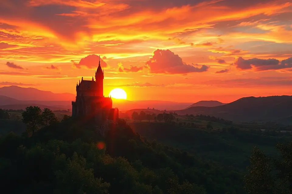 vibrant sunset over castle