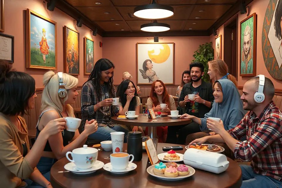 vibrant virtual cafe scene