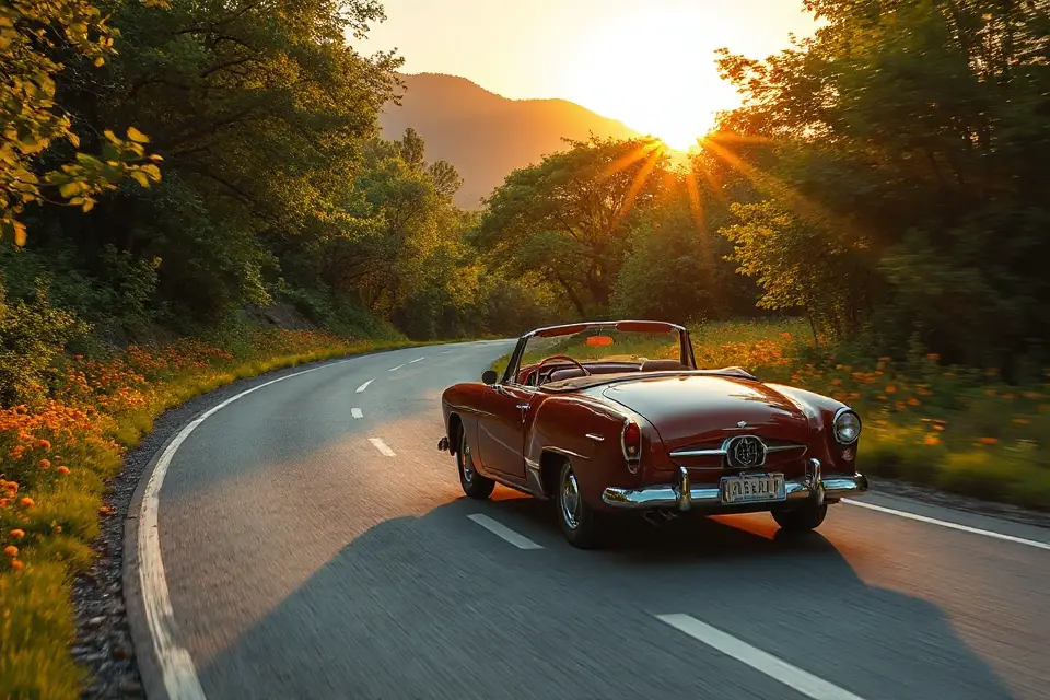 vintage car winding road
