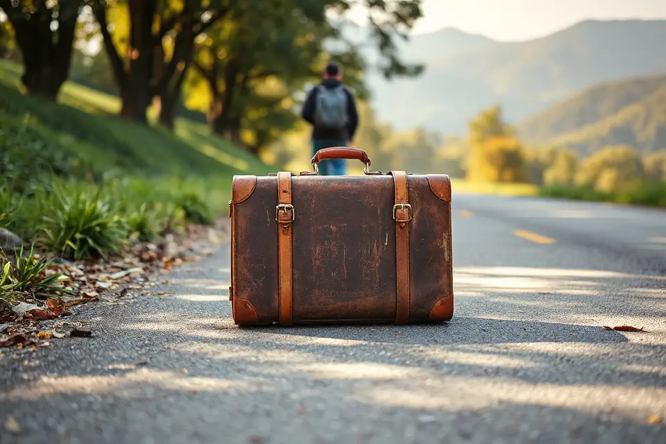 vintage suitcase on road