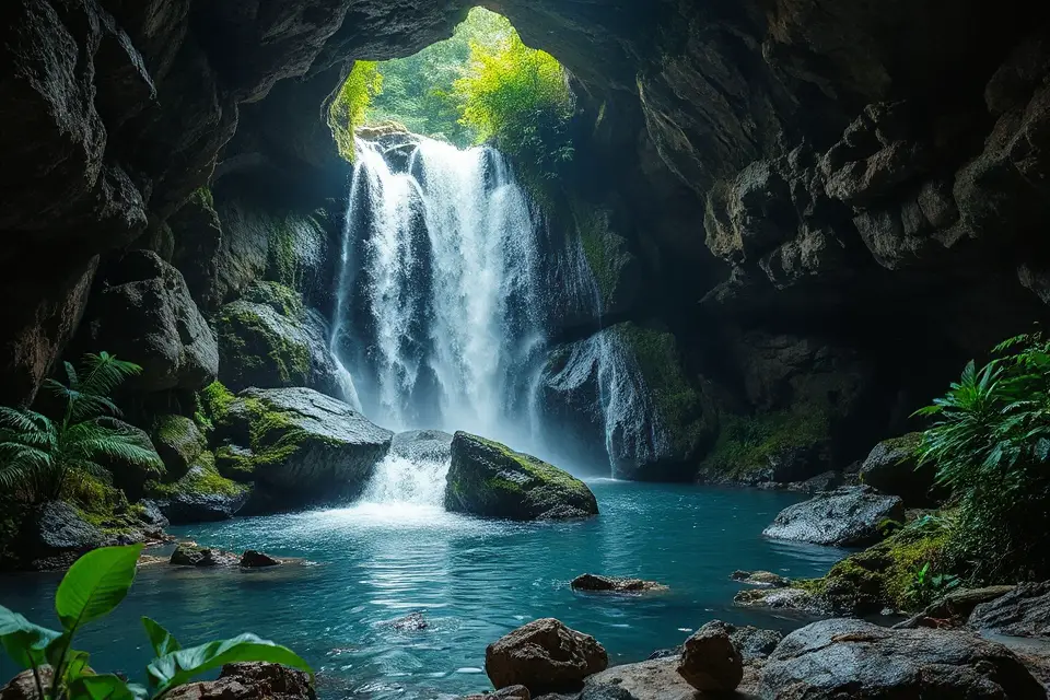 waterfall cascading into cave